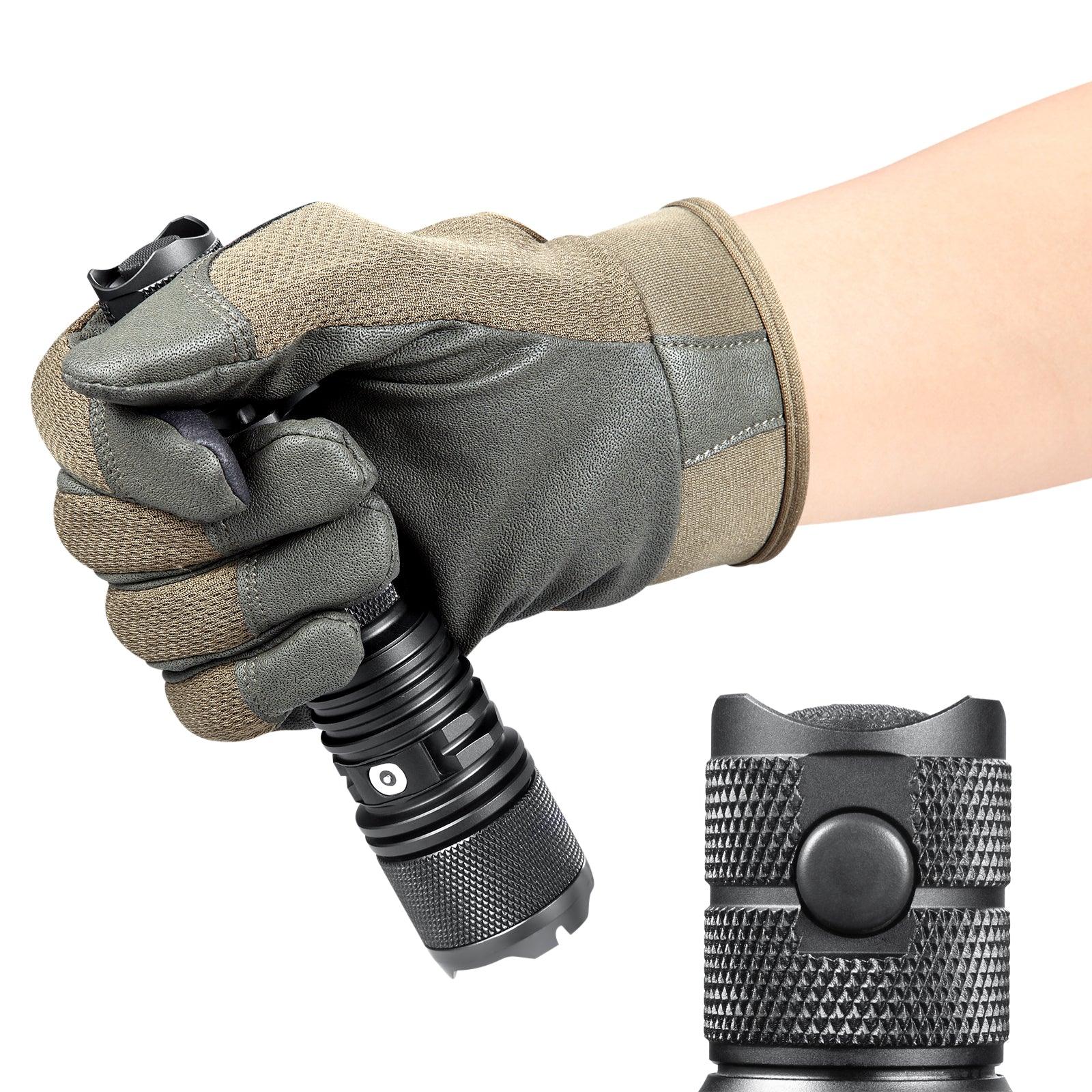 Powertac Warrior Gen5 LT tactical flashlight held in a gloved hand – best duty flashlight for law enforcement 2026