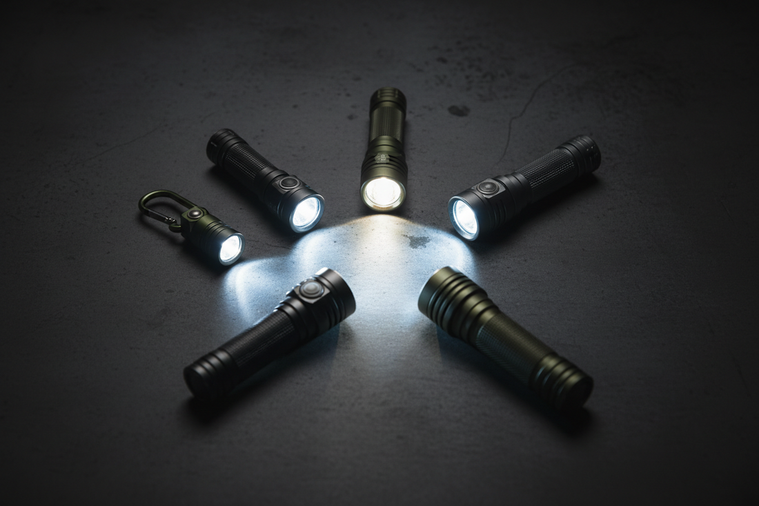 "Five compact EDC flashlights flat-lay — best tactical flashlights under $100"