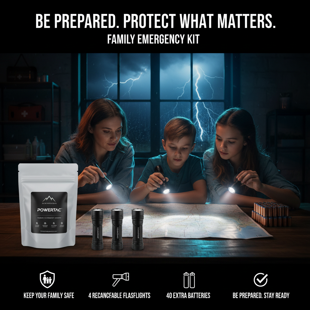 Powertac Family Emergency Flashlight Kit — 4-person rechargeable flashlight bundle for power outages and home emergencies