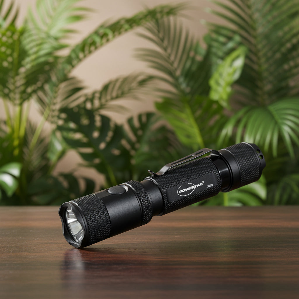 Black flashlight on a wooden surface with green plants in the background