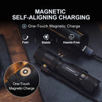 Black flashlight with magnetic self-aligning charging feature on a dark surface