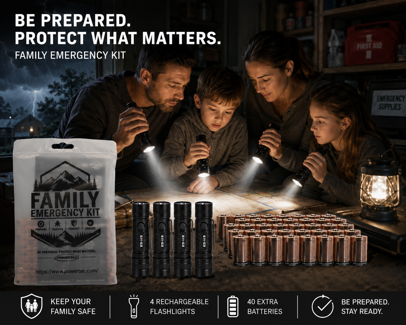 Family emergency kit with batteries and flashlights on a table, with a dark sky and stormy weather in the background.