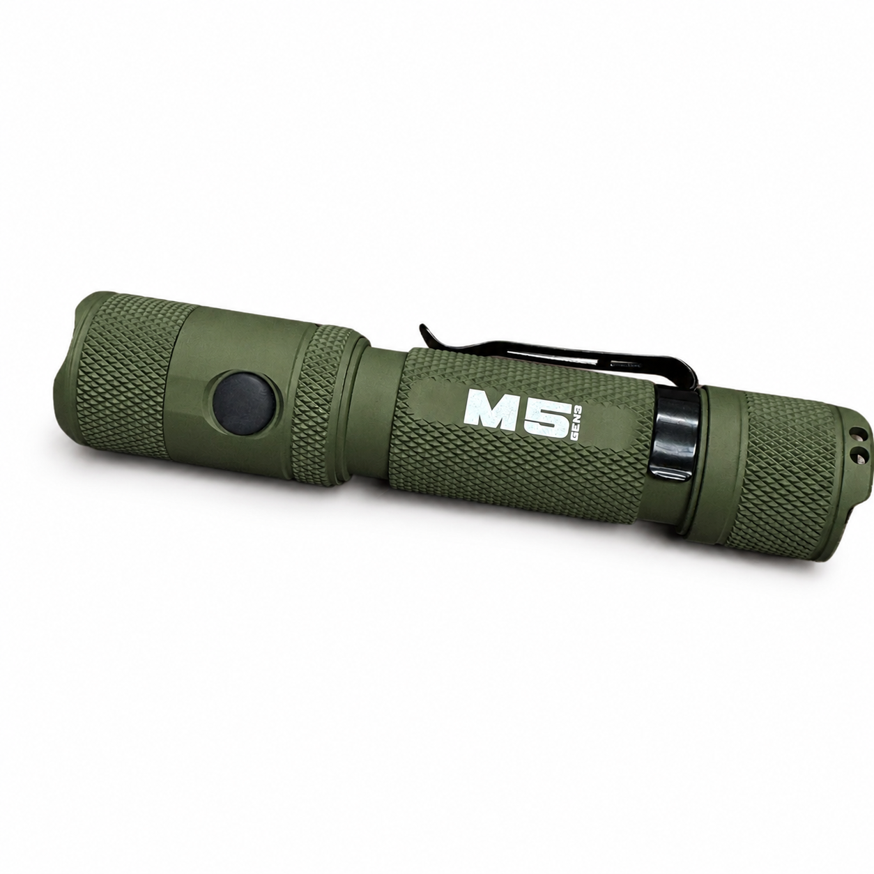 Green flashlight with 'M5' branding on a white background