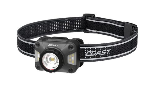 Headlamp with black strap and visible Coast logo on a white background