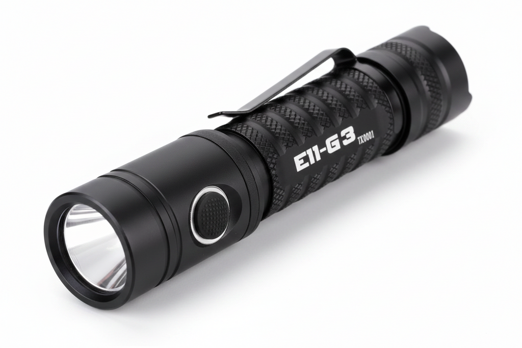 A black tactical flashlight with a textured grip, pocket clip, and white 'E11-G3 mini' branding, shown on a clean white background.