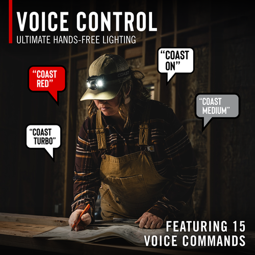 Person wearing a headlamp with voice control features in a workshop setting