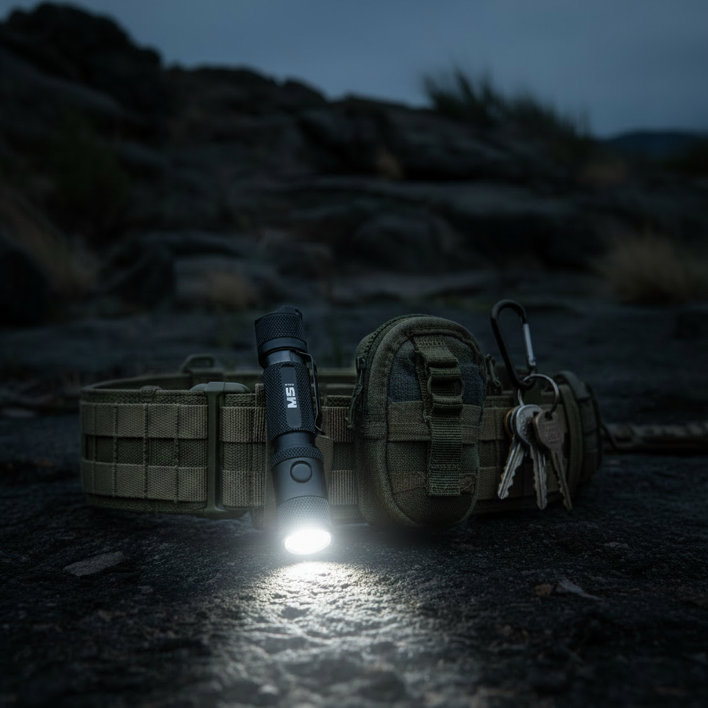 A tactical flashlight with a bright white beam turned on, resting on a tan MOLLE belt with a matching pouch and keys in an outdoor rocky setting at dusk.