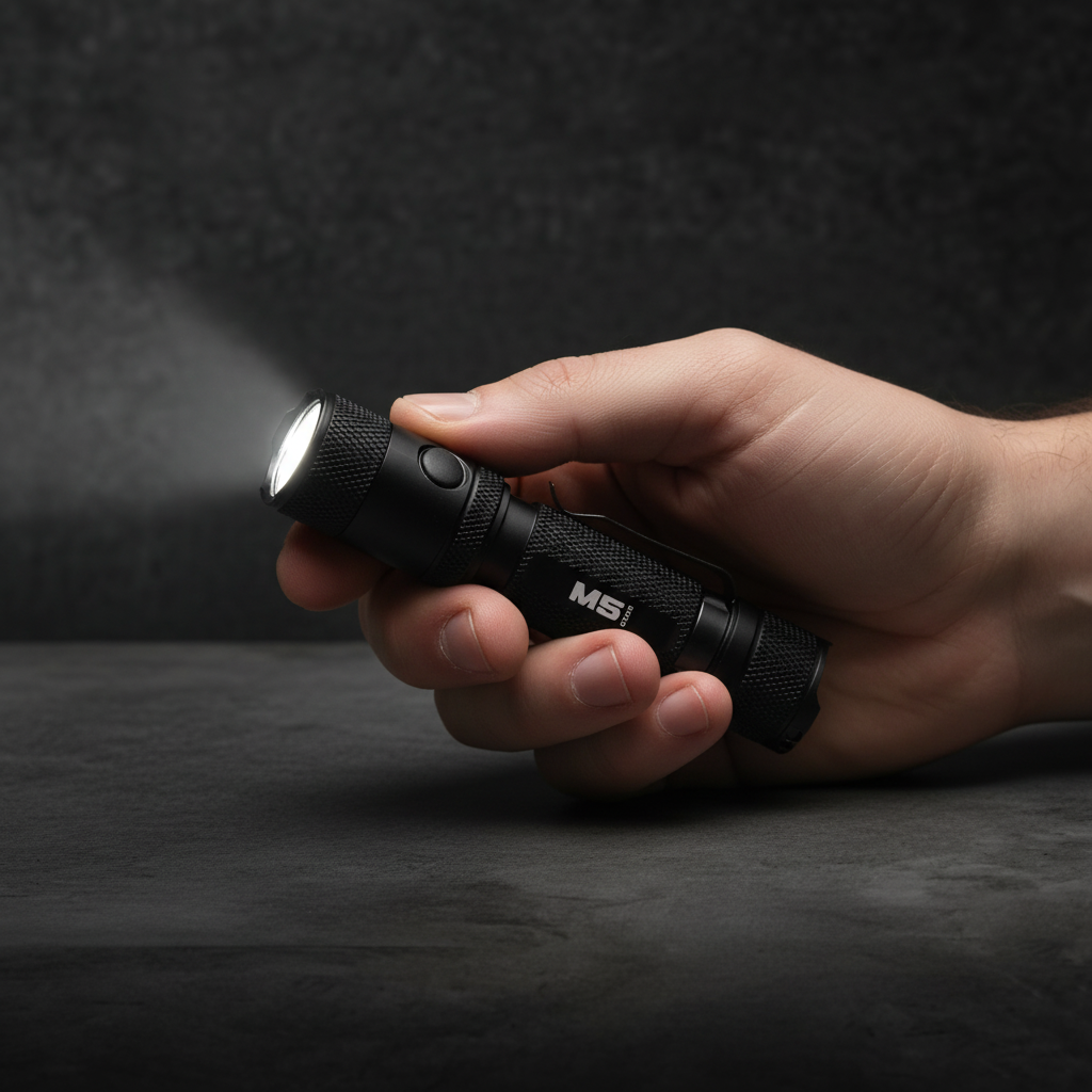 A hand holding a black MSI tactical flashlight that is turned on, emitting a beam of light to the left, against a dark textured background.