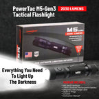PowerTac M5-Gen3 Tactical Flashlight packaging with flashlight displayed on a dark background