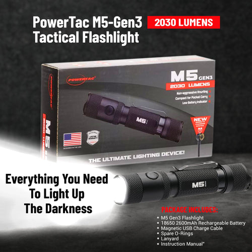 PowerTac M5-Gen3 Tactical Flashlight packaging with flashlight displayed on a dark background