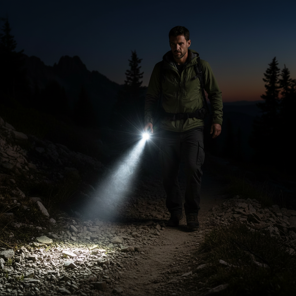 A man hiking on a rocky mountain trail at dusk, holding a flashlight that illuminates the path. He is wearing an olive green jacket and dark pants, with pine trees and mountains in the background under a twilight sky.