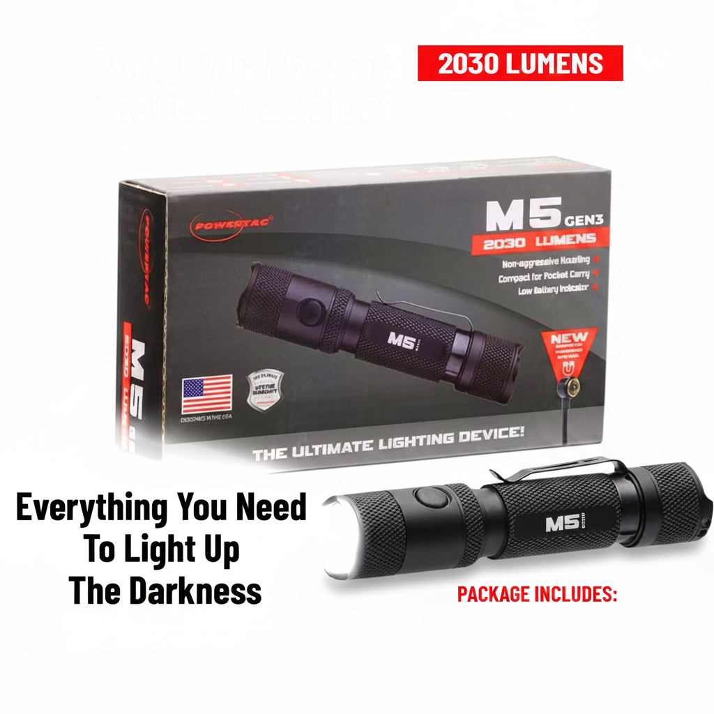 A PowerMac M5 Gen3 flashlight shown in front of its retail box on a white background, with text overlays reading '2030 LUMENS' and 'Everything You Need To Light Up The Darkness.' The product is black with a silver textured grip and white logo, and the box is dark gray/black with red and white text.