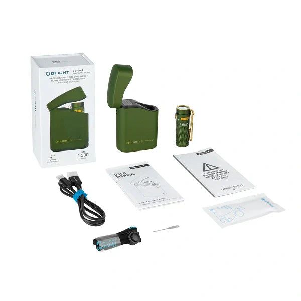 Olight Baton 4 Premium EDC Flashlight, 1,300 Lumens with Charging Case – OD Green