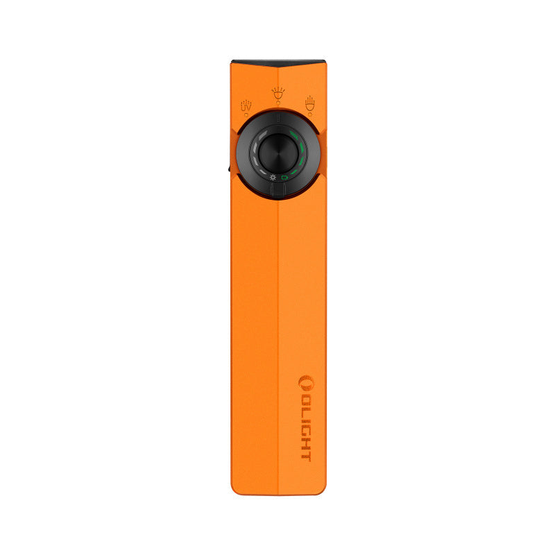 Orange flashlight with black center on a white background