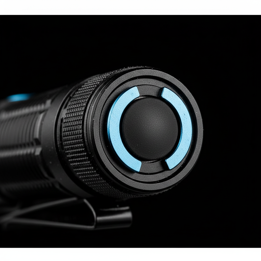 Close-up of a black tactical flashlight showing the rear button area with a textured knurled bezel and a bright blue accent ring around the central button, set against a solid black background.