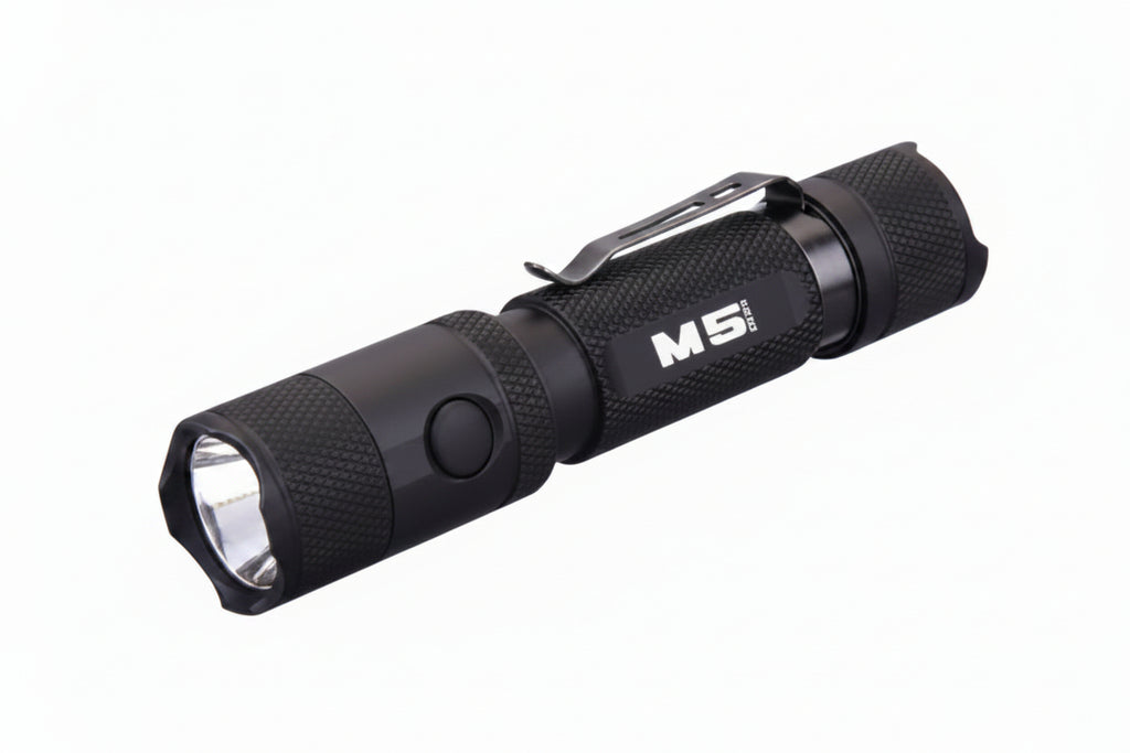 A black tactical flashlight with a textured grip, a metal clip, and a white 'M5' logo on the side, shown against a plain white background.