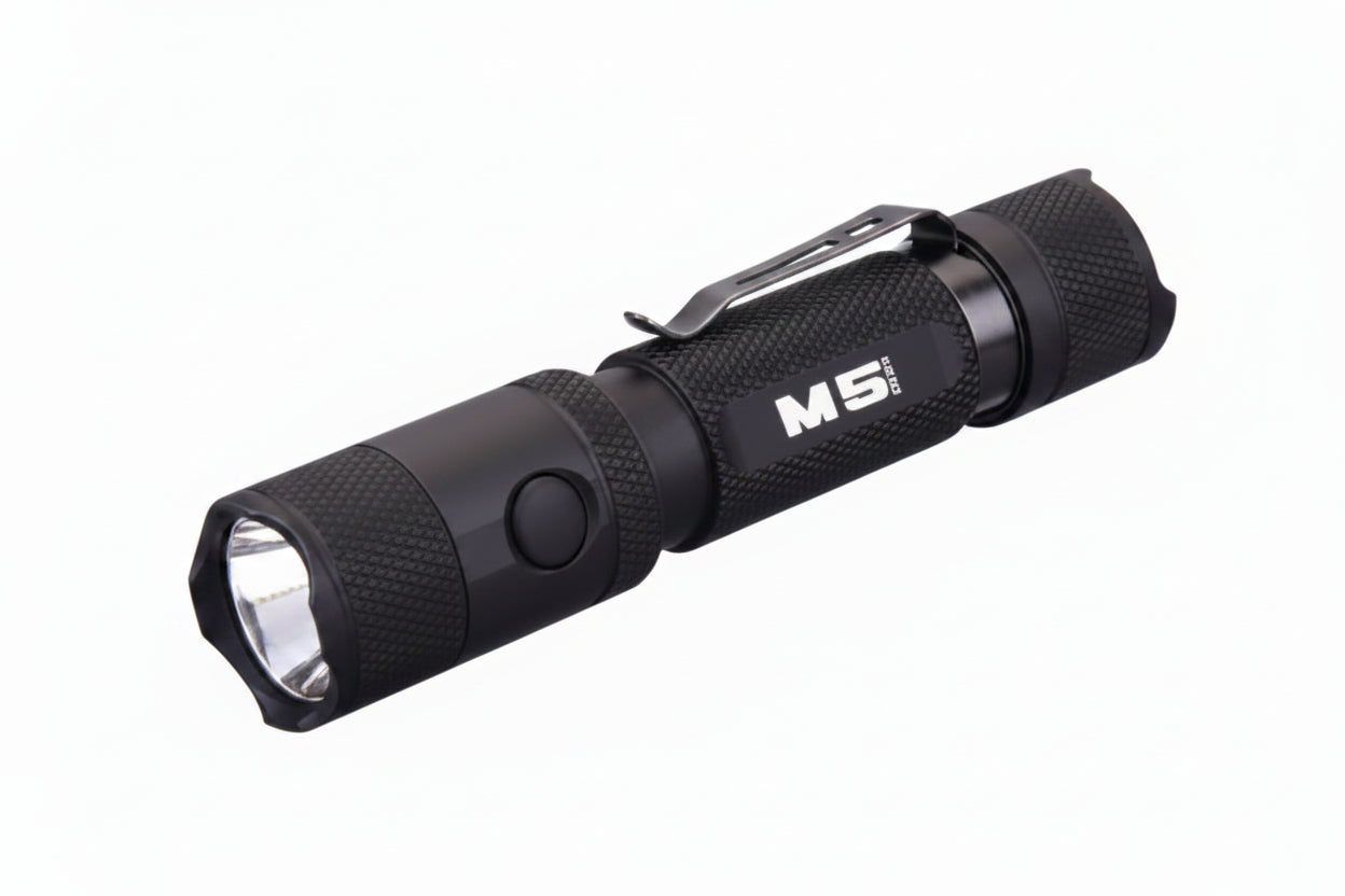 A black POWERTAC M5 tactical flashlight with a textured grip, a black belt clip, and a silver metal bezel around the lens. The image features the red POWERTAC logo in the top-left corner and '2030 LUMENS' text in red in the bottom-right corner, all set against a plain white background.