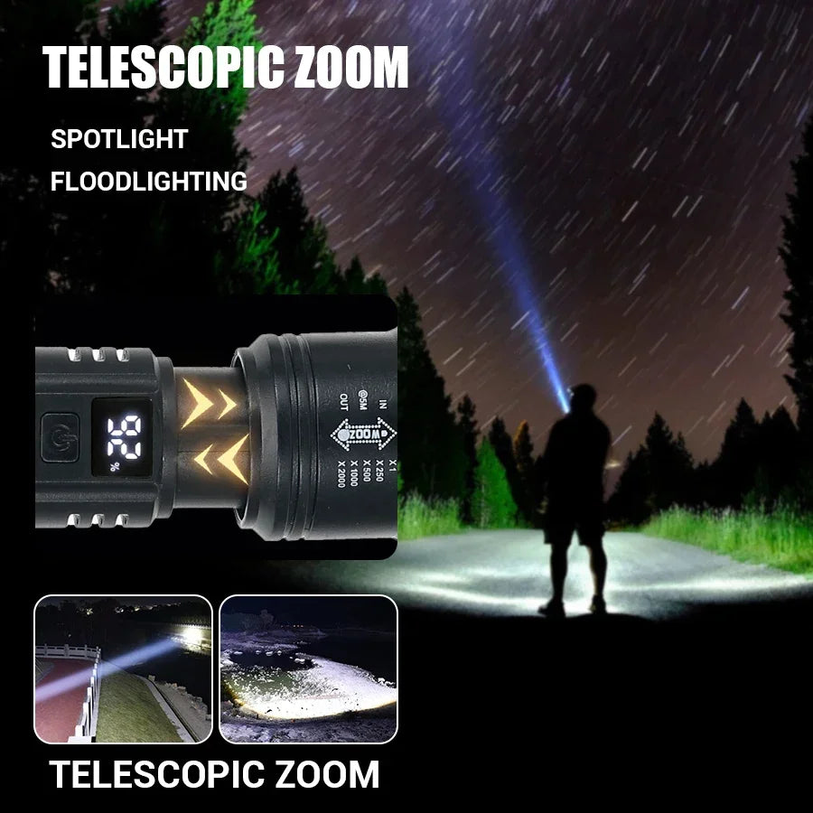 High Strong Power LED Flashlight Tactical Torch USB Rechargeable Zoom Emergency Lights For Outdoor Fishing Work Lighting Lamp