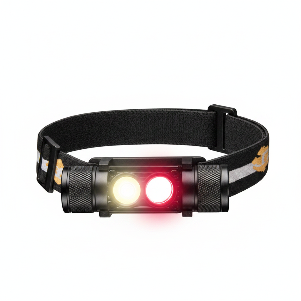 Headlamp with dual lights on a white background