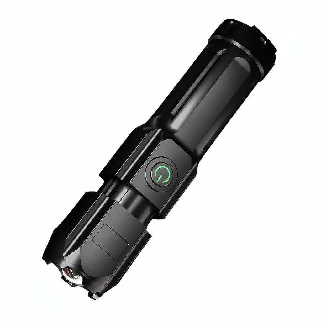 Black flashlight with green button on a white background