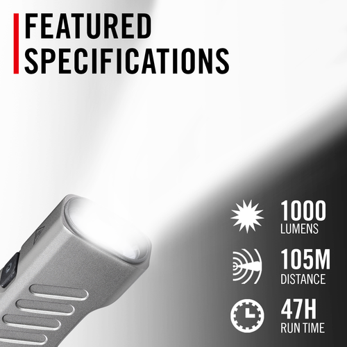 Flashlight with specifications including lumens, distance, and run time on a white background