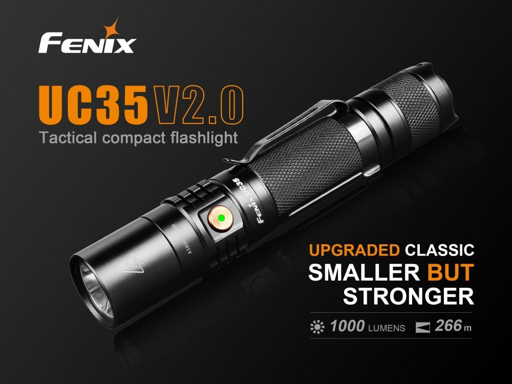 Fenix UC35 V2.0 tactical compact flashlight on a dark background