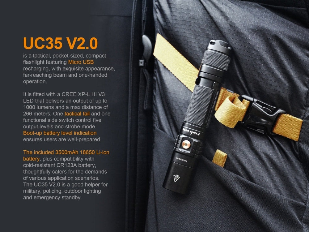 Black flashlight attached to a backpack with product details on a dark background
