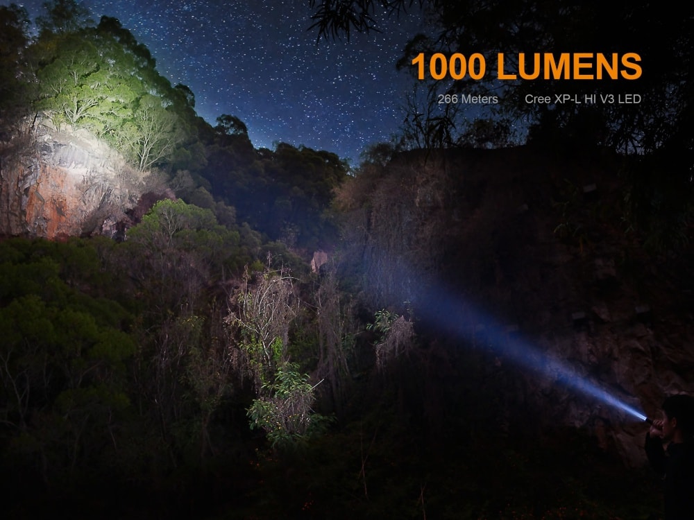 Person using a flashlight in a dark forest with '1000 Lumens' text overlay.