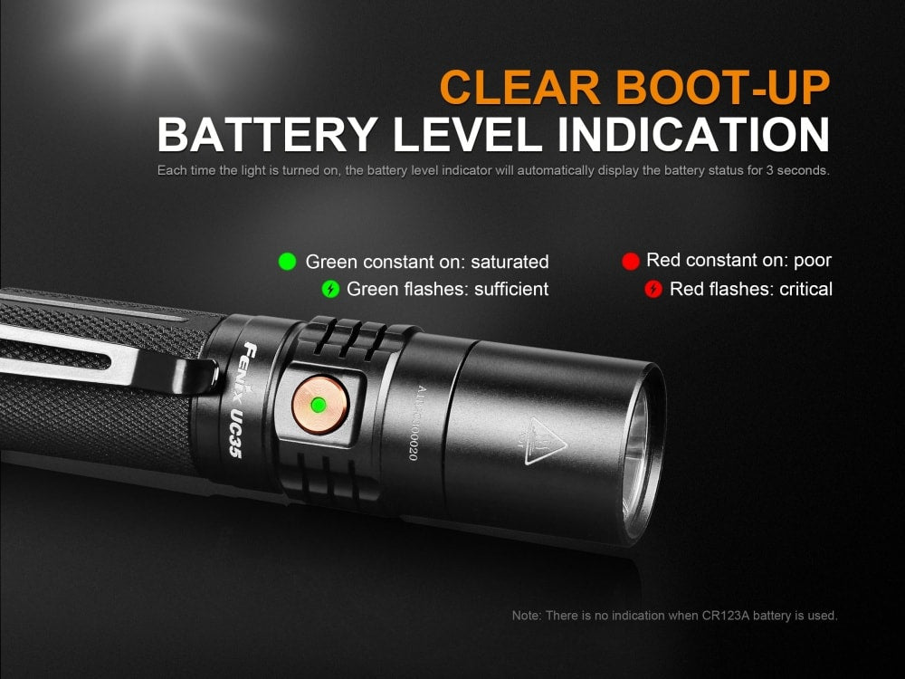 Flashlight with battery level indicator on a dark background