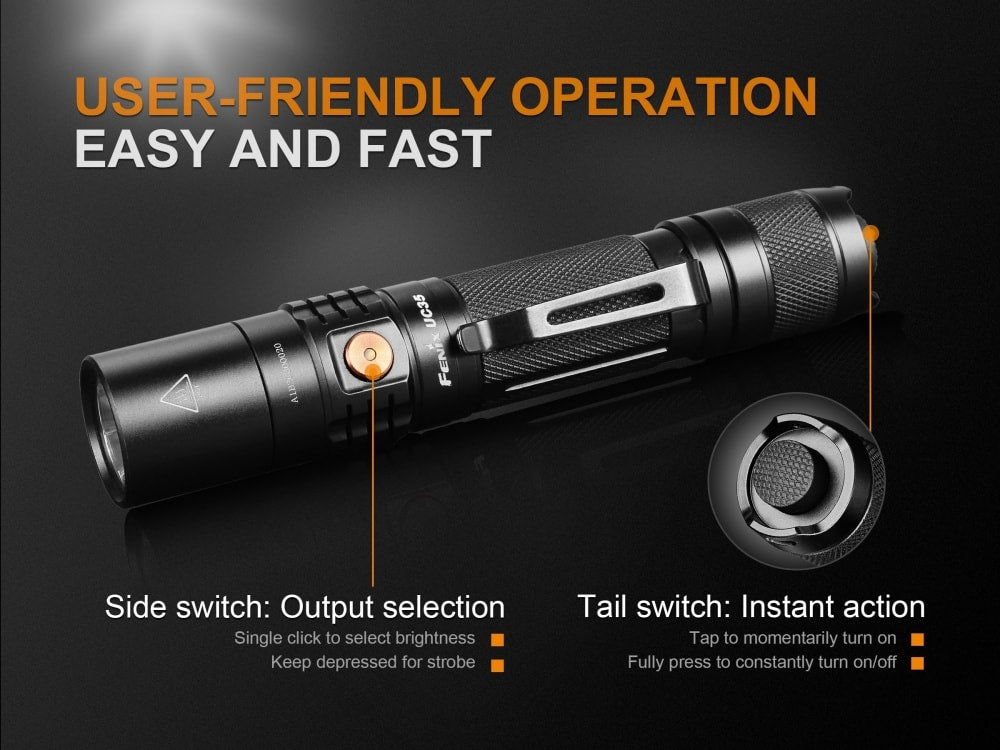 Black flashlight with user-friendly operation features on a dark background