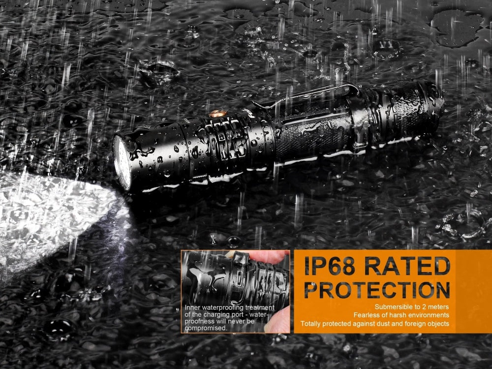 Flashlight being submerged in water with IP68 rating text overlay