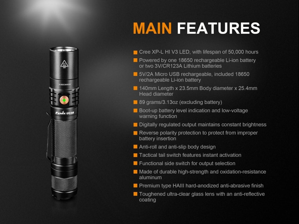 Flashlight with features listed on a black background