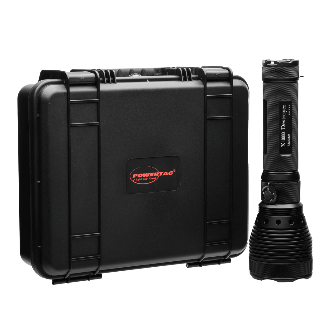 Black flashlight and carrying case with Powertac branding on a white background
