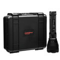 Black flashlight and carrying case with Powertac branding on a white background