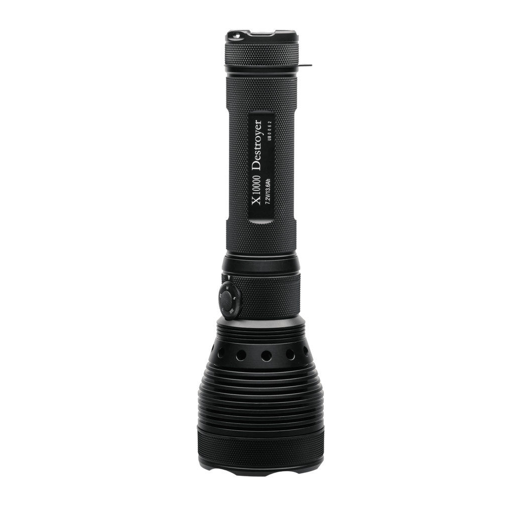 Black flashlight with 'X1000 Destroyer' branding on a white background