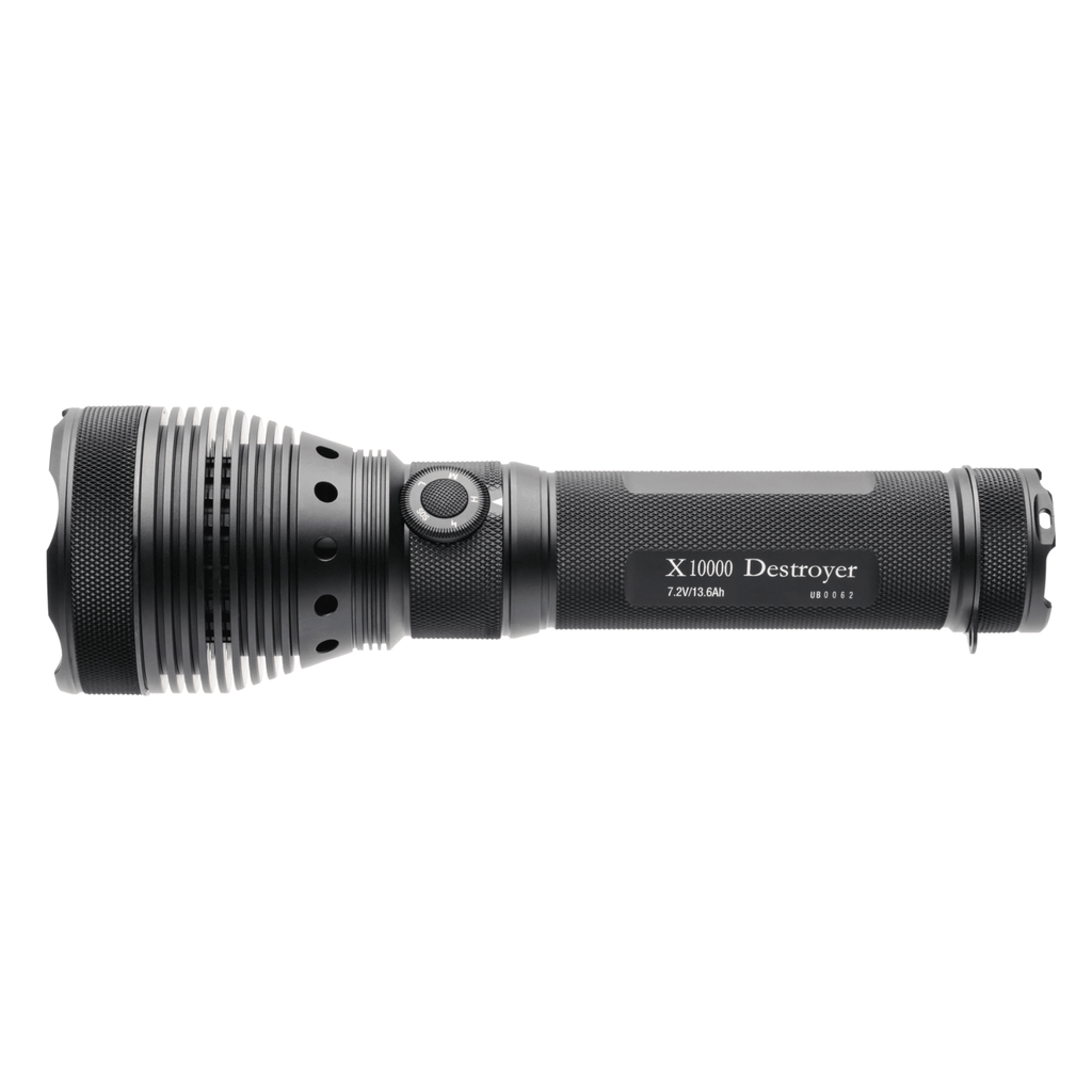 Black flashlight with 'X 10000 Destroyer' branding on a white background