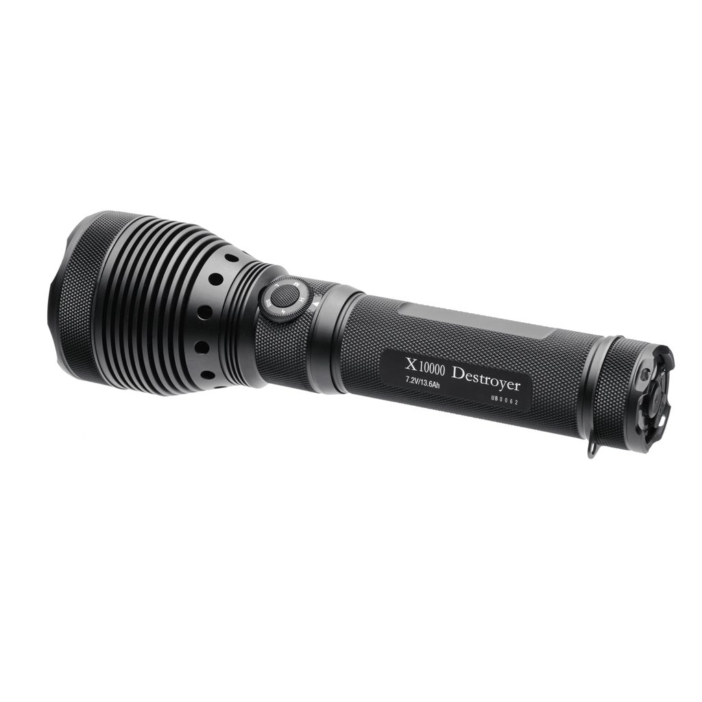 Black flashlight with 'X10000 Destroyer' branding on a white background
