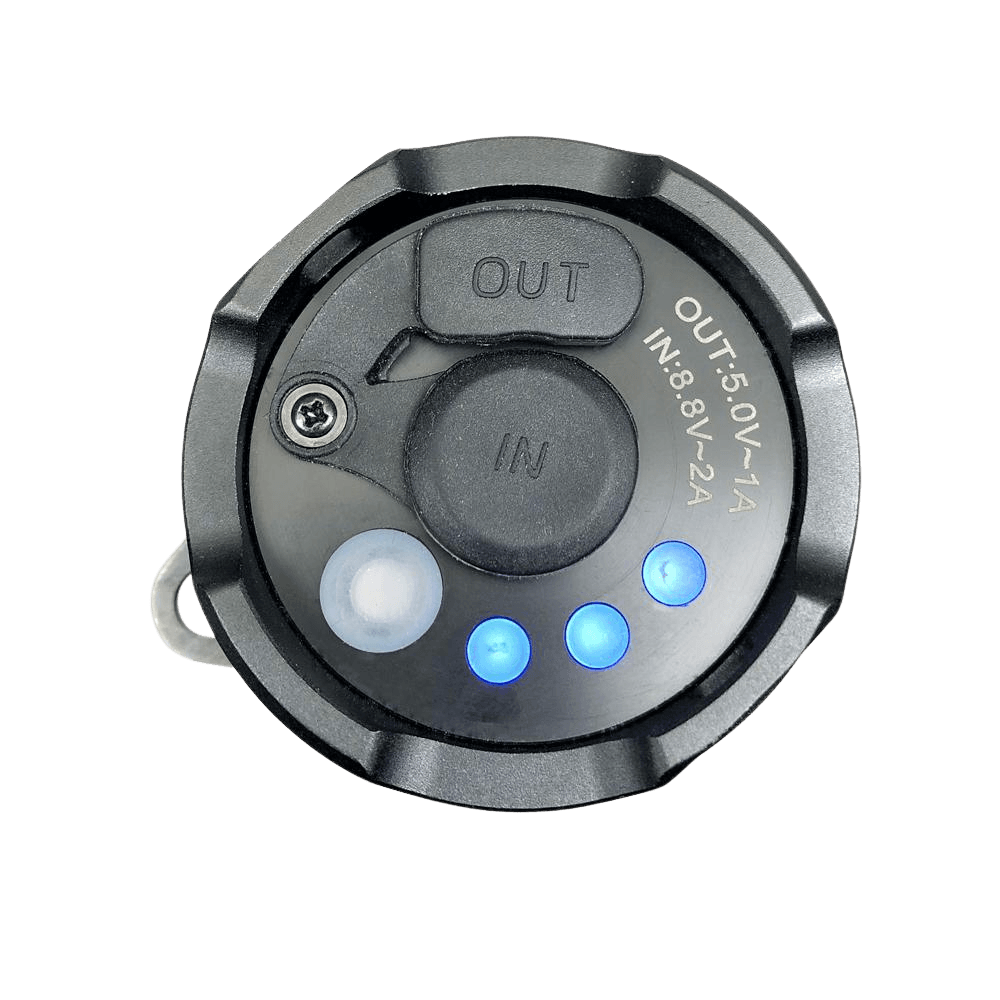 Black circular electronic component with LED lights on a transparent background