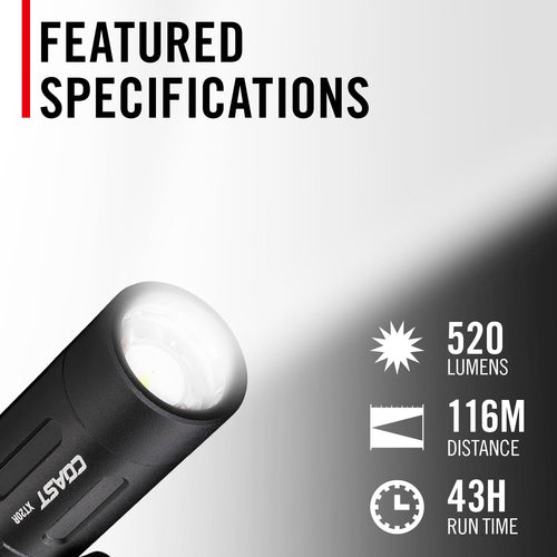 COAST XT20R Rechargeable EDC Flashlight – 520 Lumens, Twist Focus, IP54 COAST