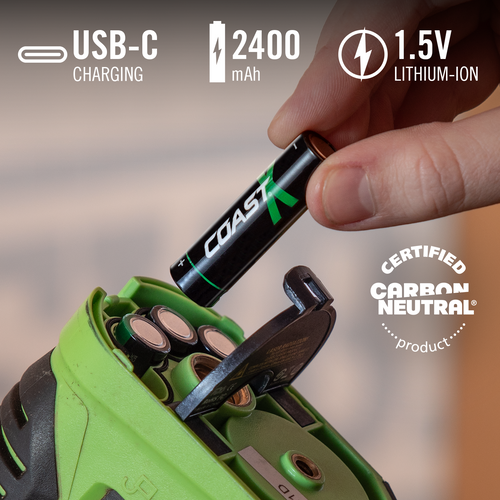 A hand inserts a COAST 1.5V lithium-ion battery into a green handheld power tool.
