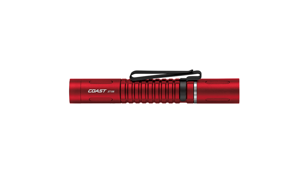 A red tactical flashlight with a black clip, featuring the 'COAST' brand name printed in white on the side, set against a plain white background.
