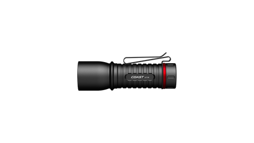A black Coast Pro tactical flashlight with a red accent ring and a black metal pocket clip, shown horizontally against a plain white background.