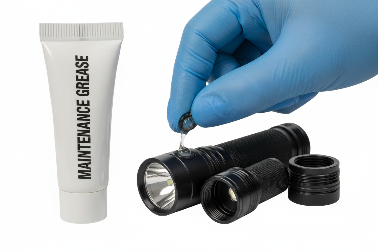 A black flashlight shown disassembled with its cap removed, alongside a white tube labeled 'MAINTENANCE GREASE' and a blue-gloved hand holding a small metal ring over the flashlight on a white background.
