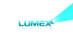 LUMEX FLASHLIGHTS logo on a white background, with a stylized cyan spotlight beam extending from the lettering.