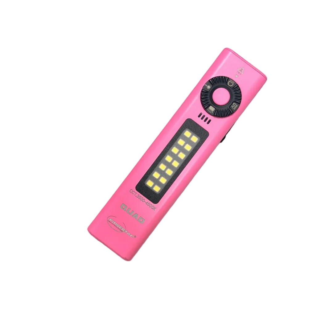 A pink personal alarm flashlight with a black rotary dial and LED light bar, shown diagonally on a light gray background.
